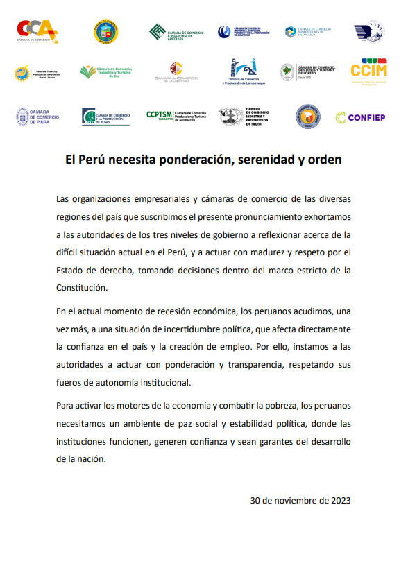  PRONUNCIAMIENTO: "URGE SERENIDAD Y RESPETO POR EL ESTADO DE DERECHO EN EL PERÚ"