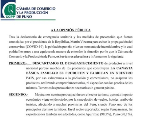 Pronunciamiento sobre el Coronavirus