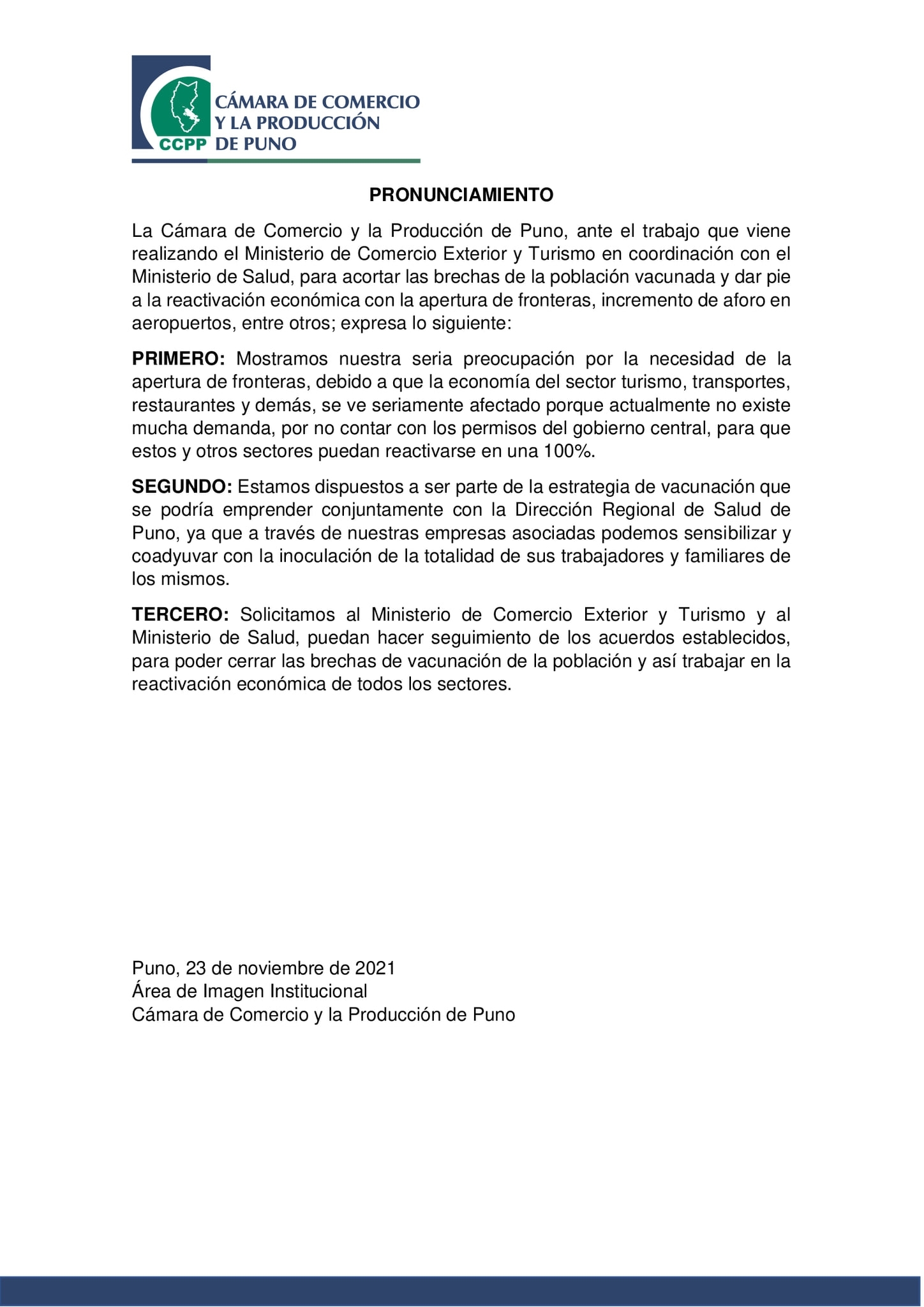 PRONUNCIAMIENTO: REACTIVACIÓN ECONÓMICA Y BRECHAS DE VACUNACIÓN