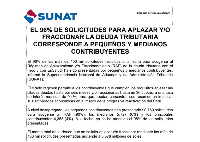 NOTA DE PRENSA: EL 96% DE SOLICITUDES PARA APLAZAR Y/O FRACCIONAR LA DEUDA TRIBUTARIA CORRESPONDE A PEQUEÑOS Y MEDIANOS CONTRIBUYENTES