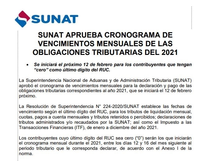 NOTA DE PRENSA: SUNAT APRUEBA CRONOGRAMA DE VENCIMIENTOS MENSUALES DE LAS OBLIGACIONES TRIBUTARIAS DEL 2021