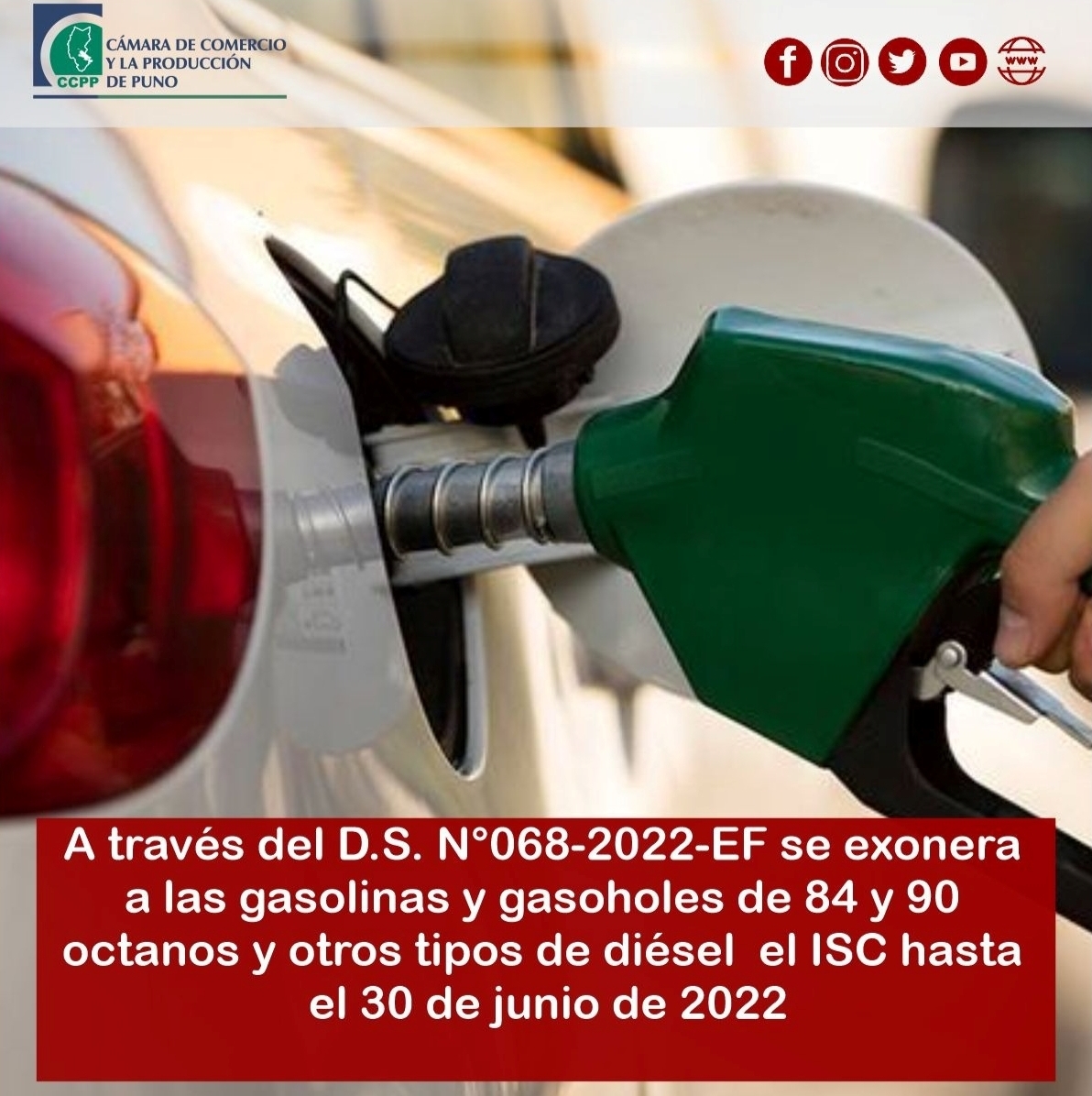 A TRAVÉS DEL D.S. Nº 068-2022-EF SE EXONERA A LAS GASOLINAS Y GASOHOLES DE 84 Y 90 OCTANOS Y OTROS TIPOS DE DIÉSEL EL ISC HASTA EL 30 DE JUNIO DE 2022