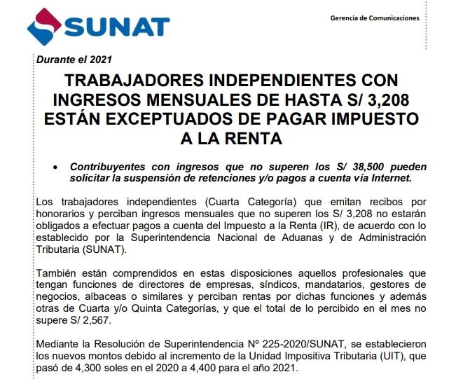 NOTA DE PRENSA: TRABAJADORES INDEPENDIENTES CON INGRESOS MENSUALES DE HASTA S/ 3,208 ESTÁN EXCEPTUADOS DE PAGAR IMPUESTO A LA RENTA
