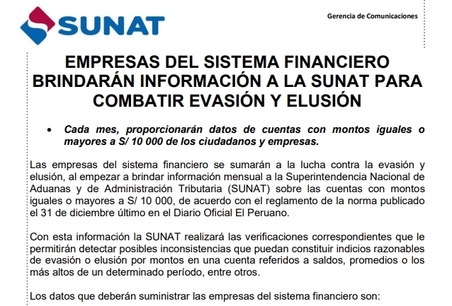 NOTA DE PRENSA: EMPRESAS DEL SISTEMA FINANCIERO BRINDARÁN INFORMACIÓN A LA SUNAT PARA COMBATIR EVASIÓN Y ELUSIÓN