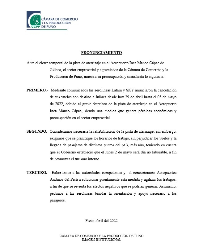 PRONUNCIAMIENTO: ANTE EL CIERRE TEMPORTAL DE LA PISTA DE ATERRIZAJE EN EL AEROPUERTO INCA MANCO CAPAC DE JULIACA
