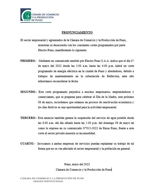 DESACUERDO CON LOS CONSTANTES CORTES PROGRAMADOS POR PARTE DE ELECTRO PUNO