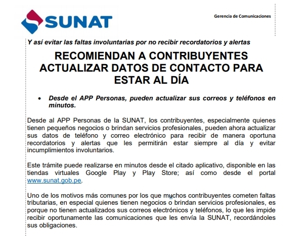 NOTA DE PRENSA: RECOMIENDAN A CONTRIBUYENTES ACTUALIZAR DATOS DE CONTACTO PARA ESTAR AL DÍA