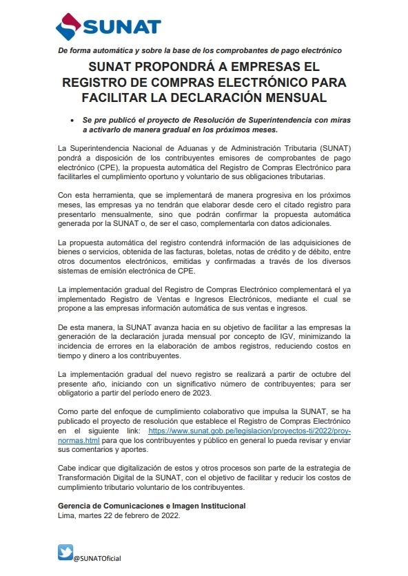 SUNAT PROPONDRÁ A EMPRESAS EL REGISTRO DE COMPRAS ELECTRÓNICO PARA  FACILITAR LA DECLARACIÓN MENSUAL