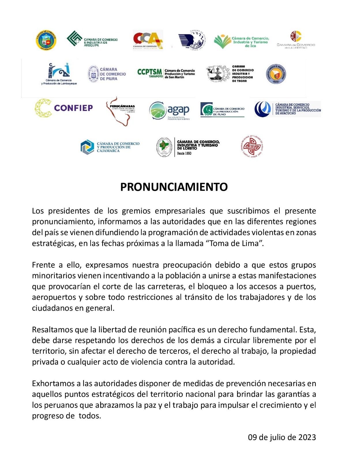 PRONUNCIAMIENTO: ANTE LA LLAMADA "TOMA DE LIMA"