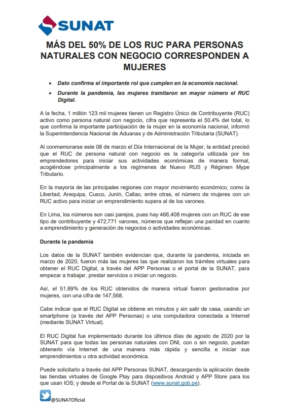 MÁS DEL 50% DE LOS RUC PARA PERSONAS  NATURALES CON NEGOCIO CORRESPONDEN A  MUJERES