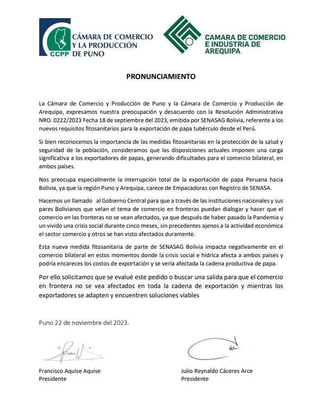 PRONUNCIAMIENTO: ANTE LA RESOLUCIÓN ADMINISTRATIVA NRO. 0222/2023 FECHA 18 DE SEPTIEMBRE DEL 2023, EMITIDA POR SENASAG BOLIVIA