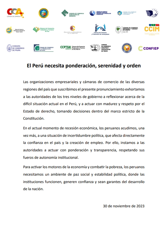  PRONUNCIAMIENTO: "URGE SERENIDAD Y RESPETO POR EL ESTADO DE DERECHO EN EL PERÚ"