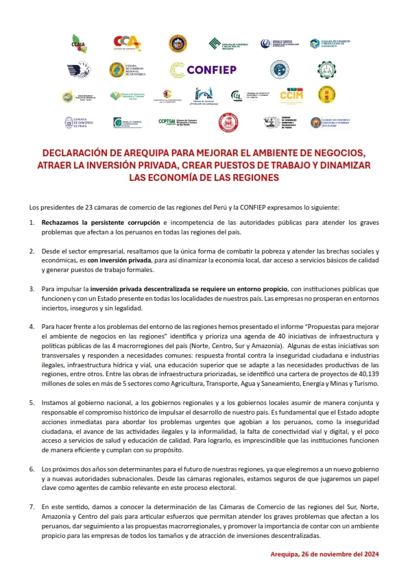 PRONUNCIAMIENTO: DECLARACIÓN DE AREQUIPA PARA MEJORAR EL AMBIENTE DE NEGOCIOS,  ATRAER LA INVERSIÓN PRIVADA, CREAR PUESTOS DE TRABAJO Y DINAMIZAR LAS ECONOMÍA DE LAS REGIONES