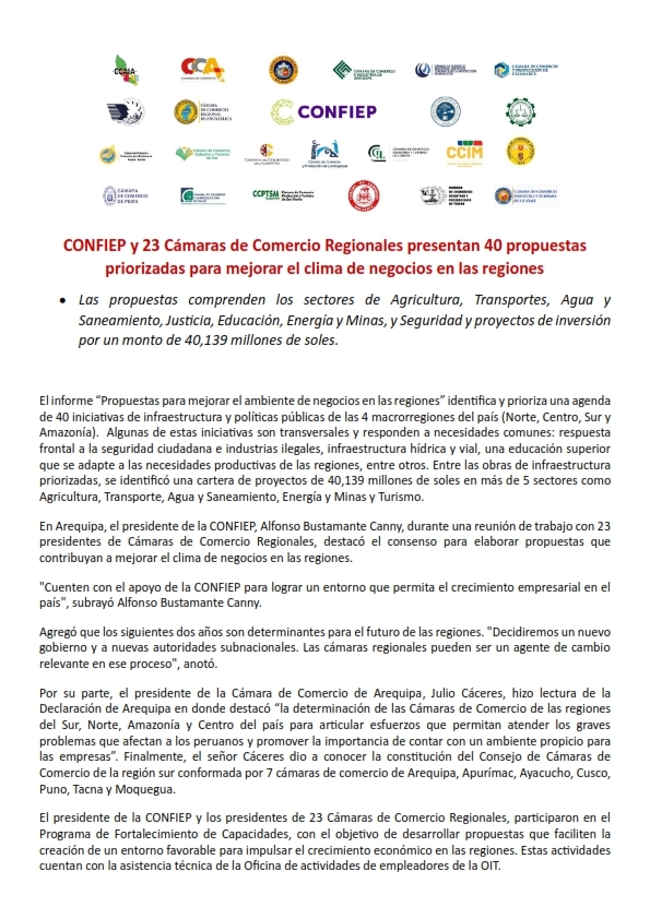 CONFIEP y 23 CÁMARAS DE COMERCIO REGIONALES PRESENTAN 40 PROPUSTAS PRIORIZADAS PARA MEJORAR EL CLIMA DE NEGOCIOS EN LAS REGIONES