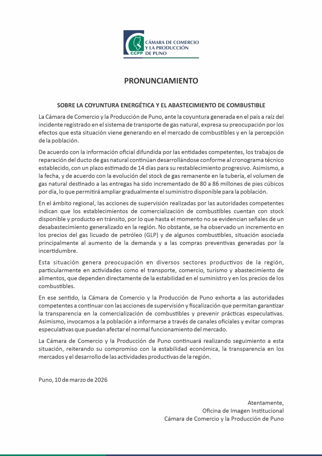 PRONUNCIAMIENTO: SOBRE LA COYUNTURA ENERGÉTICA Y EL ABASTECIMIENTO DE COMBUSTIBLES