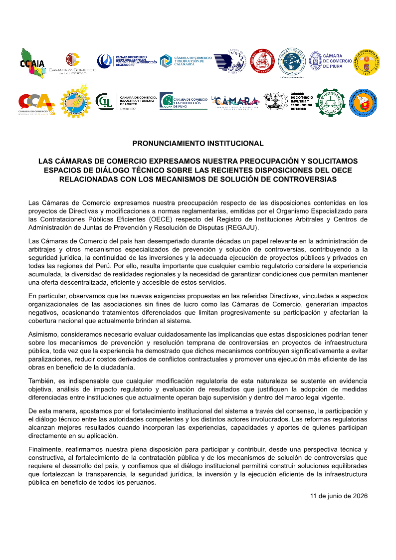PRONUNCIAMIENTO: LAS CÁMARAS DE COMERCIO EXPRESAMOS NUESTRA PREOCUPACIÓN Y SOLICITAMOS ESPACIOS DE DIÁLOGO TÉCNICO SOBRE LAS RECIENTES DISPOSICIONES DEL OECE RELACIONADAS CON LOS MECANISMOS DE SOLUCIÓN DE CONTROVERSIAS